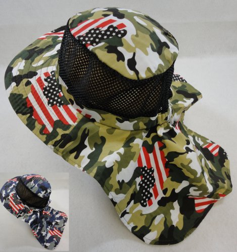 Cotton Boonie Hat with Cloth Flap [Mesh] *Army Camo/FLAG Print